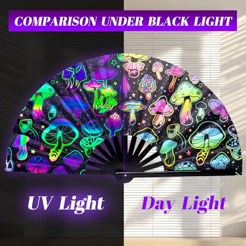 13 Inch Large Rave Fan & Clack Fan for Line Dancing - Folding Hand Fan with UV Glow for Boots on The Ground, Performance, Wedding, Party - Portable Handheld Fan for Women & Men - color: Mushroom*1
