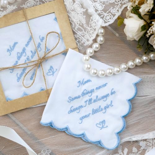 Something Blue Wedding Handkerchiefs for Bride, Embroidered Wedding Gift for Husband Mom Dad - color: Mom
