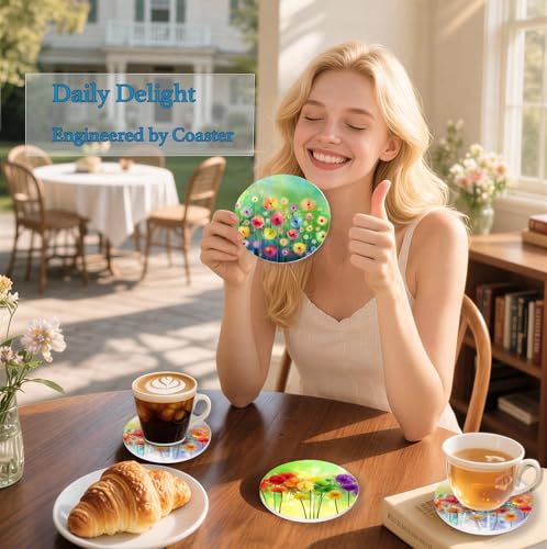 Nikyi 6 Pcs Watercolor Floral Ceramic Drink Coasters, Absorbent Round Coaster with Cork Backing & Metal Holder, Abstract Flower Coasters Perfect for Coffee Table Office Home Decor & Housewarming Gift - color: Watercolor Floral