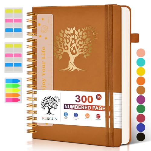 PERCUN B5 Spiral Notebook 300 Numbered Lined Pages Hardcover Journal 7"x10" - color: Brown, size: B5 size (7in x 10in)