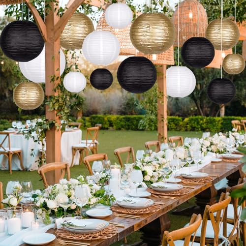 Paper Lanterns Party Decorations, 15 Pcs Black Gold White, 4-12 Inch - color: Black Gold
