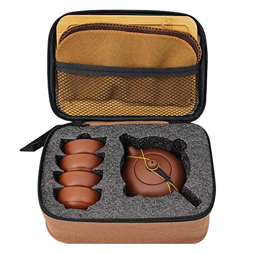 Queena Yixing Purple Clay Tea Set, Kung Fu Teapot with 4 Cups & Travel Bag