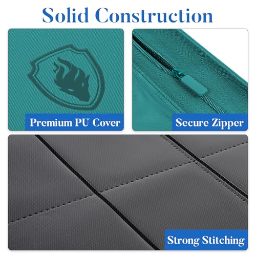 Premium Zip Card Binder, Fabmaker 9 Pocket Trading Card Binder PU Cover - color: Turquoise, size: 9 Pocket - 13.9" x 10.5"