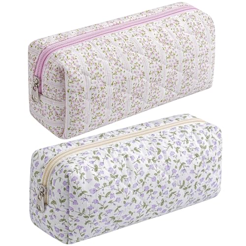 Cute Floral Cotton Makeup Brush Cosmetic Bag for Women, Travel Quilted Zipper Make Up Bag, Flowers Toiletry Organizer Case Kawaii Makeup Cosmetic Travel Cloth Pouch (Pink+Purple Floral) - color: Two Pack: (Pink Floral+Purple Floral)