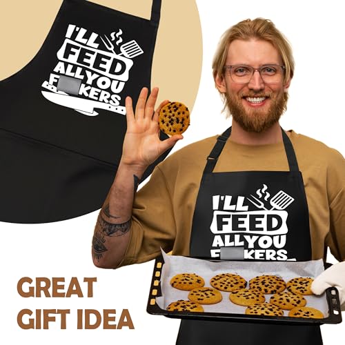 Funny Rude BBQ Aprons for Men with 2 Pockets, Cooking Apron for Dad, Gag Gifts for Men, Adjustable BBQ Grilling Apron for Husband, Chef Kitchen Gifts for Birthday & Father’s Day - A02 - color: I'll Feed All You Fuckers 2