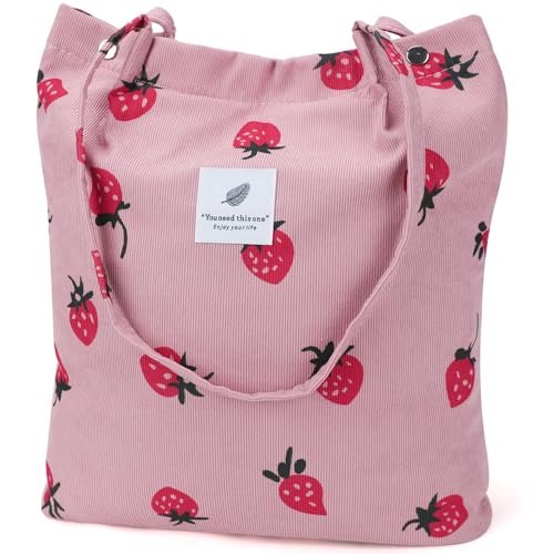 Ayieyill Corduroy Tote Bag for Women Canvas Shoulder Cord Purse with Inner Pocket - color: Pink Strawberry