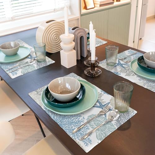 Starfish Place Mats for Kitchen Table Coastal Style Summer Beach Theme Seasonal Linen Placemats Set of 4 Watercolor Blue Coral Shells Dinner Mats 12"x18" - color: Ocean 12, size: 12x18"Placemats x4