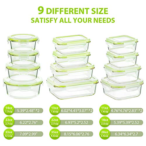 24pc Glass Food Storage Containers, Locking Lids，Glass Meal Prep Containers - color: Green