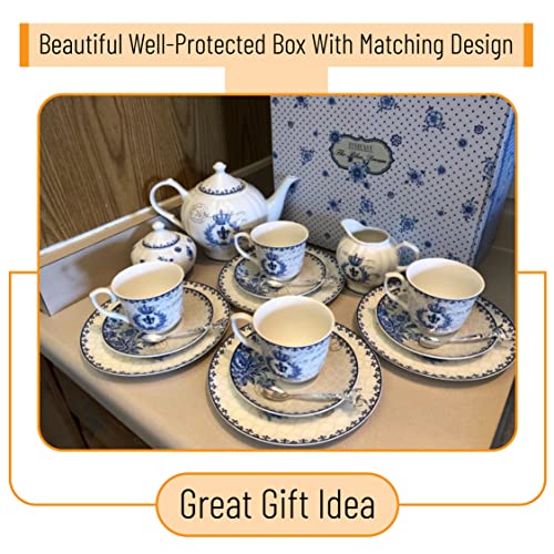Brew To A Tea Blue Dream Tea Set, 48oz Teapot, 8oz Tea Cups, Saucers, Sugar Bowl, Creamer, Porcelain, Blue