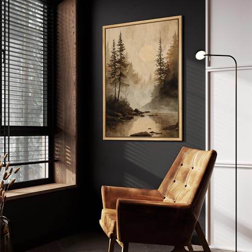 SIGNFORD Framed Canvas Print Wall Art Misty Forest River Landscape Rustic Woodland Nature Scene with Sun Illustrations Modern Art Decorative Relax/Zen for Living Room, Bedroom, Office - 24x36 Natural - color: B08-2508-ll30, size: 36"L x 24"W