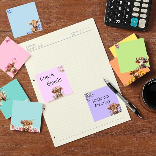 9 Pads Highland Cow Sticky Notes Set, Cute Self-Stick Notepads, Super Adhesive Memo Pads Note Card, Funny Office Decor Gifts, Desk Accessories for Students, Teacher and School Supplies, 3x3in - color: Highland Cow