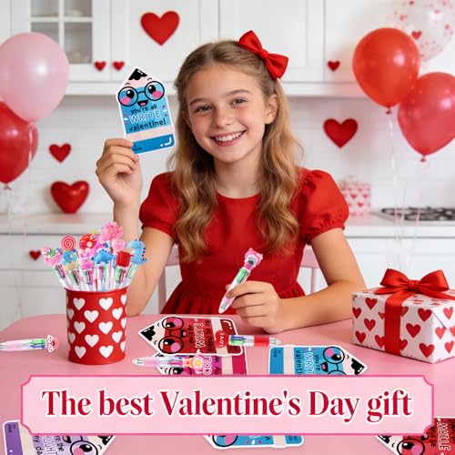 30 Pack Valentines Fun Pens with Cards Cute Multicolor 4-in-1 Gift Pens - style: Valentines Cards-30pcs