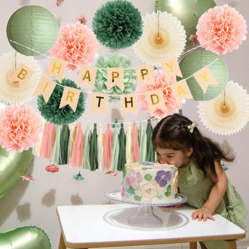 Sage Green and Peach Birthday Decorations Boho Beige Peach and Olive Green Birthday Decorations for Women Girls Cream Fans Pom Poms Sage Olive Pink Cream Tassel Garland Party with Banner Beige Gold