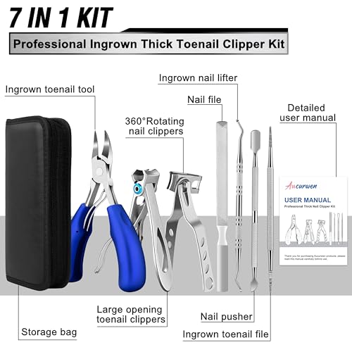 Toenail Clippers for Seniors Thick Toenails, Aucurwen Heavy Duty Toe Nail Clippers Adult Thick Nails Long Handle, Large Toenail Clippers for Thick Nails 7Pcs(Blue) - color: Blue