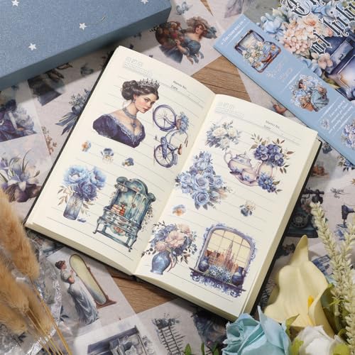 Vintage Ephemera Sticker 24 Sheets precut 300 washi Stickers Paper Journal Stickers for Adults People Junk Journal Sticker Book Scrapbooking Supplies - color: Blu
