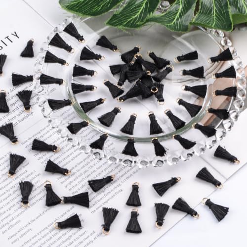 Mini Tassels Charm, 90pcs Black Mini Tiny Tassels Handmade Craft Charms Pendant for DIY Jewelry Necklace Making Accessories - color: Black-2cm