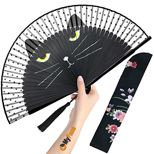 Hand Fan for Women Foldable - Folding Chinese Japanese Vintage Bamboo Silk Fan - Ideal for Hot Flashes, Church, EDM, Festivals, Dancing and Gifts (Black Cat) - color: Black Cat