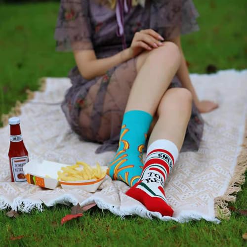 2 Pairs Cartoon Animal Crew Socks Fun Cotton Mid Calf Socks for Women - color: French Fries & Ketchup