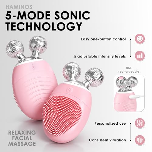 Facial Cleansing Brush 3-in-1, Silicone Face Scrubber and Massager with V-Roller, 5 Vibration Modes, Waterproof Rechargeable Electric Face Wash Brush for Daily Cleansing