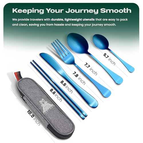 Travel Utensils With Case, 5 Pcs portable silverware set (Blue) - color: Blue, size: 5 Pieces