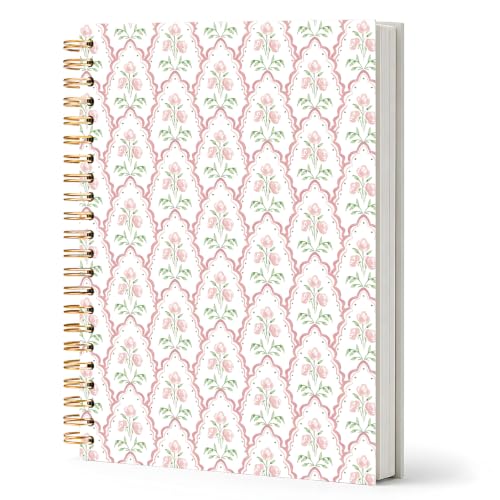 Preppy Pink Floral Spiral Notebook Journal,Coquette Grandmillennial Flower Journal Notebooks for Note Taking, Chinoiserie Floral Hardcover Notebook,5.5x8.3 Inch - color: Pink Floral