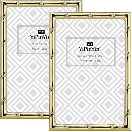 YiPinYin 4x6'' Bamboo Detail Design Gold Metal Picture Frame 2pack, Elegant gold Plated Photo Frames 4 x 6'' With Soft Touch Velvet Backing for Desktop and Wall Décor - color: Gold, size: 4x6Inch 2PK