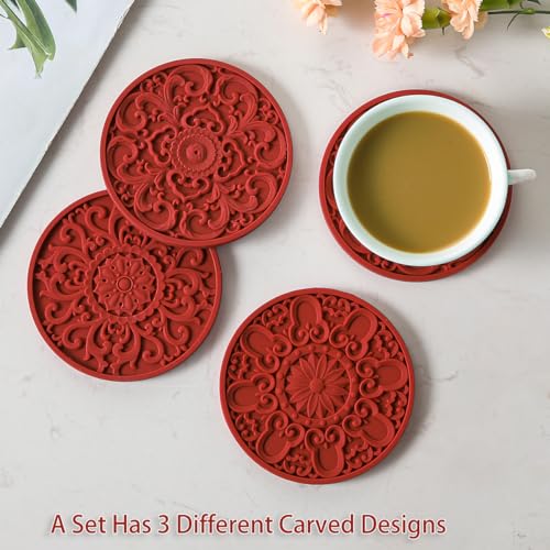 Colinda Silicone Coasters - Set of 6 with Holder, Non-Slip Cup Mats for Hot and Cold Drinks, Decorative Designs, Gift Ready Packaging,Merlot Red - color: Merlot Red