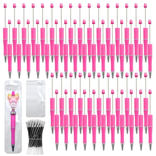 300 Pieces DIY Beadable Pen Kit – 100 Plastic Ballpoint Pens with Refills & Bags – School Supplies, Office Accessories & Decorative Items for Students & Teachers (Rose Red) - color: Rose Red, size: 100