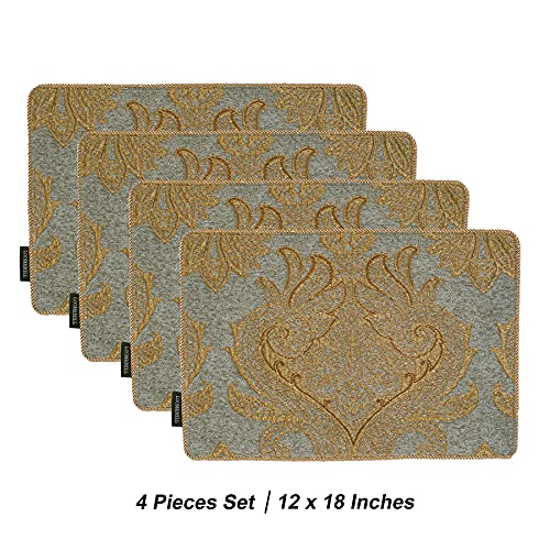Loom and Mill Luxury Chenille Damask Placemats Set of 4, Blue Gold - color: Blue Gold_elizabeth, size: 4 Pieces