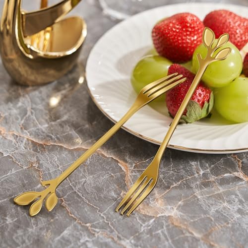 AnSaw Gold Swan Base Holder Set with 10-pcs Mini Leaf Dessert Forks-4.7" - color: Gold Swan