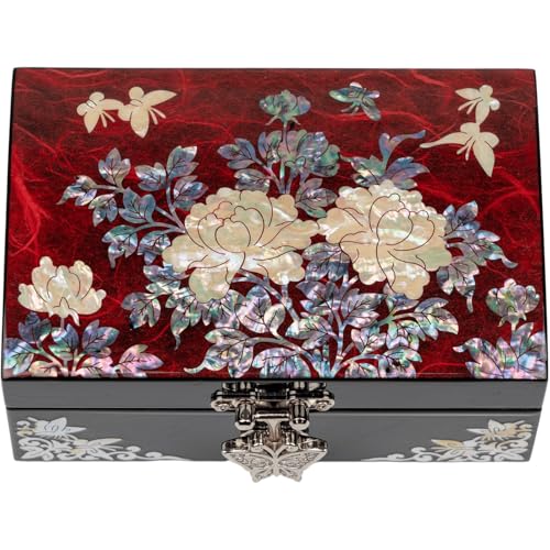 February Mountain Korean Mother of Pearl Jewelry Box – Red Floral Peony Design with Butterfly Clasp, Removable Velvet Tray – Christmas Gift for Women, Birthday, Anniversary, Keepsake Storage - color: Red