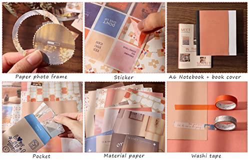 Draupnir Aesthetic Scrapbook Kit(348pcs), Bullet Junk Journal Kit with Journaling/Scrapbooking Supplies, Stationery,A6 Grid Notebook with Graph Ruled Pages DIY Scrapbook Gift for Teen Girl Kid(Sunset) - color: Sunset