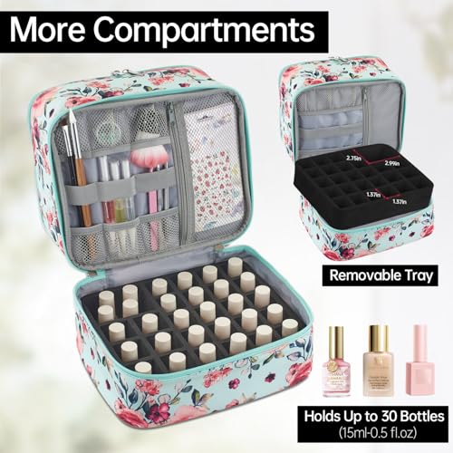 Buruis 2-Tier Nail Polish Bag, Nail Supplies Organizer, Aqua Floral - color: Aqua Floral