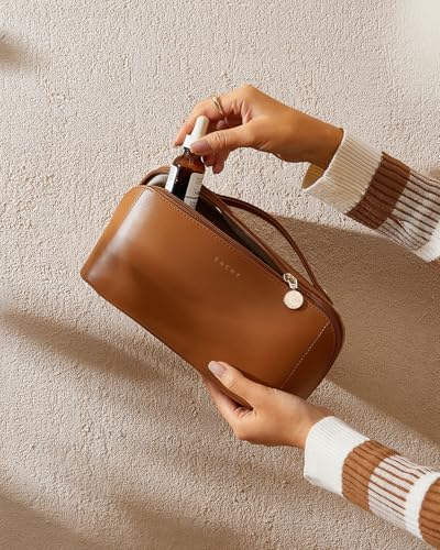 EACHY Travel Makeup Bag for Women, PU Leather Cosmetic Bag, Brown, Medium - color: A - Brown, size: Medium