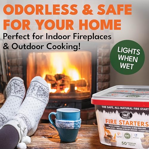 Superior Trading Fire Starter Pods in Plastic Bucket - Fire Starters for Campfires, BBQ, Grill, Pit, Wood Stove & Charcoal Starter, 15-20-Min Burn, 50 Extra Large Pods, USA Made, Brown, 3 Lbs