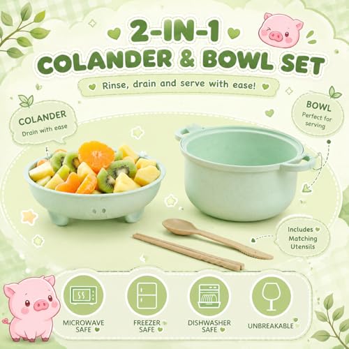 1 Set Large 45oz Cute Pig Ramen Bowl Set Microwavable, Nordic Green - color: Nordic Green