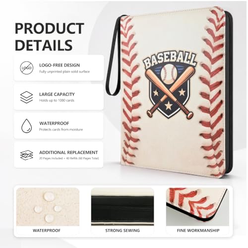 Baseball Card Binder, 9 Pocket Trading Card Zip Binder Holds 1080 Cards - color: Baseball