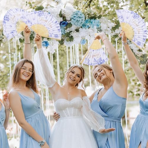 Aneco 100 Pieces Wedding Foldable Hand Fans Floral Handheld Paper Fans with Organza Bags and Storage Basket Folding Fans for Wedding Guests Bridal Shower Bridesmaid Gifts - color: Blue Floral