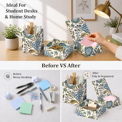 Ridhi Asparagus Green Block Print Office Desk Organizer Pen & Note Holder - color: Asparagus Green