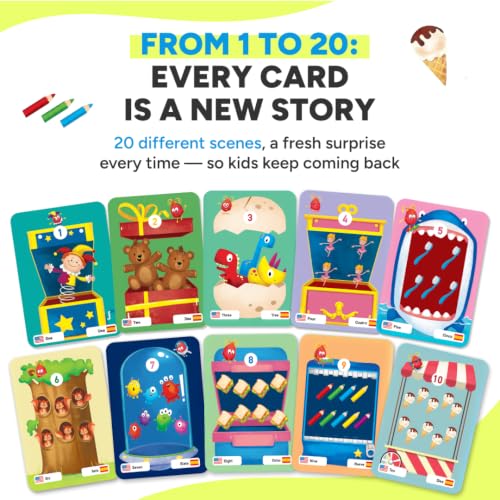 KIDROX Count to 20 Flashcards – Open & Discover Hidden Surprises! Learn Numbers 1–20 in English & Spanish with Marji | 20 Fold-Out Cards | Fun Counting Game for Kids 3+ - color: Count 1 to 20
