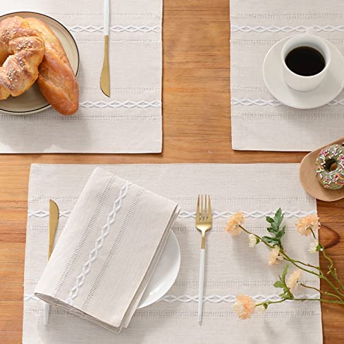 Wracra Cotton Linen Place Mats, Ivory Embroidered Placemats Set of 4 - color: Hemstitched Ivory, size: Placemats(Set of 4)