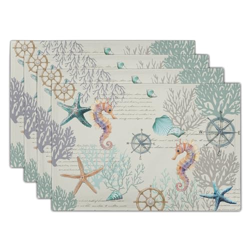 Nautical Placemats Set of 4 Starfish Sea Shell Beach Theme Ocean Coral Washable Non-Slip Heat Resistant 12×18 Inch Seasonal Summer Linen Fabric Table Mat for Party Kitchen Dining - color: Nautical