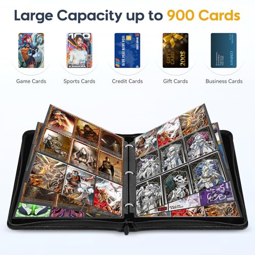 9 Pocket Card Binder, 900 Double Sided Pockets, PU Collection Binder for MTG, TCG, Sports Cards, Black (Black)