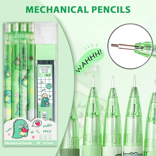 Cute Green Dinosaurs School Supplies,Kawaii Stationery Birthday Gifts,Includes Dinosaurs Erasable Gel Pens,Dinosaurs Mechanical Pencils,Lead Refills,Erasers,for Office School Supplies Women Men - style: dinosaurs