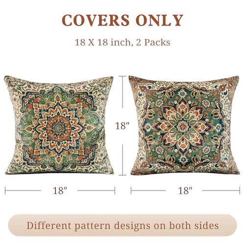 Boho Soft Velvet Throw Pillow Covers 18x18 in Vintage Pattern - color: Green, size: 18" x 18" (Pack of 2)