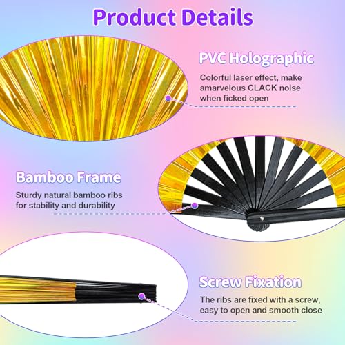 EOSAU Large Laser Rave Fan, Folding Hand Fans for Line Dancing, Gold - color: 13" Gold 01