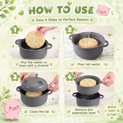 1 Set Large 45oz Cute Pig Ramen Bowl Set Microwavable, Gray - color: Gray
