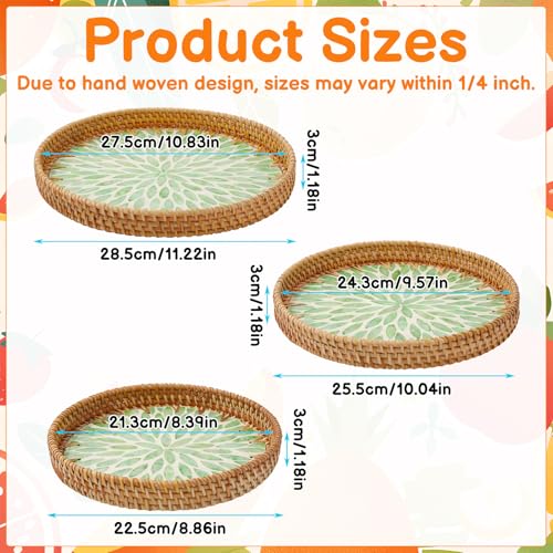 3 Pack Round Rattan Tray with Mother of Pearl Inlay