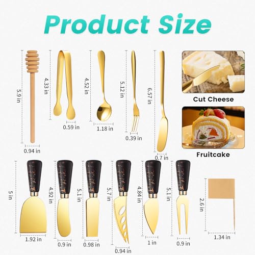 Marble Gold and Black Cheese Knife Set, Ceramic Handle Charcuterie Board Accessories Butter Spreader Cheese Slicer Knife With Serving Tongs, Spoons, Forks, Flags Cheese Markers, Wooden Honey Dipper - color: Marble Black