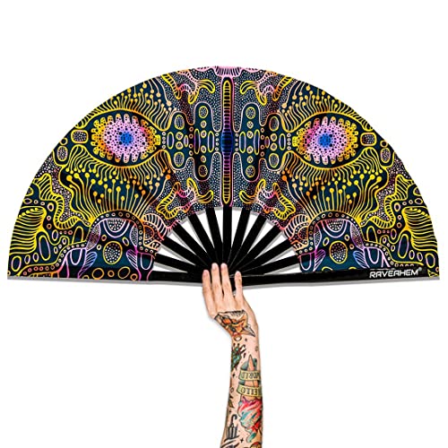 UV Glow Rave Fan, Bamboo Folding Clack Hand Fans Foldable for Men Women, Poping Fan for EDM Festival Line Dance Decoration, (Space Psychedelic, Large 13") - color: Space Psychedelic, size: Large 13"